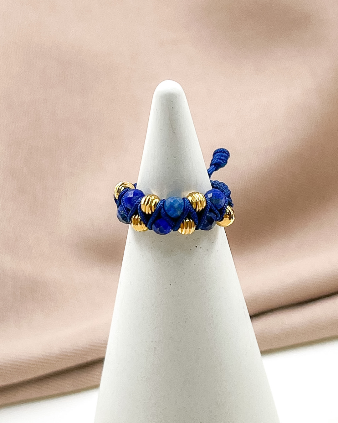 Anillo Tejido Zigzag con Piedra Lapislázuli y Balín Diamantado - AN14